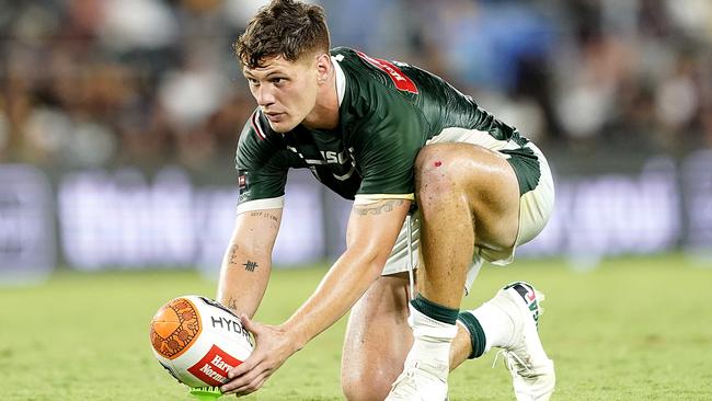 Kalyn Ponga of the Maori Kiwis prepares to kick a conversion during the NRL Indigenous All-Stars vs Maori Kiwis match at CBus Super Stadium on the Gold Coast, Saturday, February 22, 2020 (AAP Image/Dave Hunt) NO ARCHIVING, EDITORIAL USE ONLY