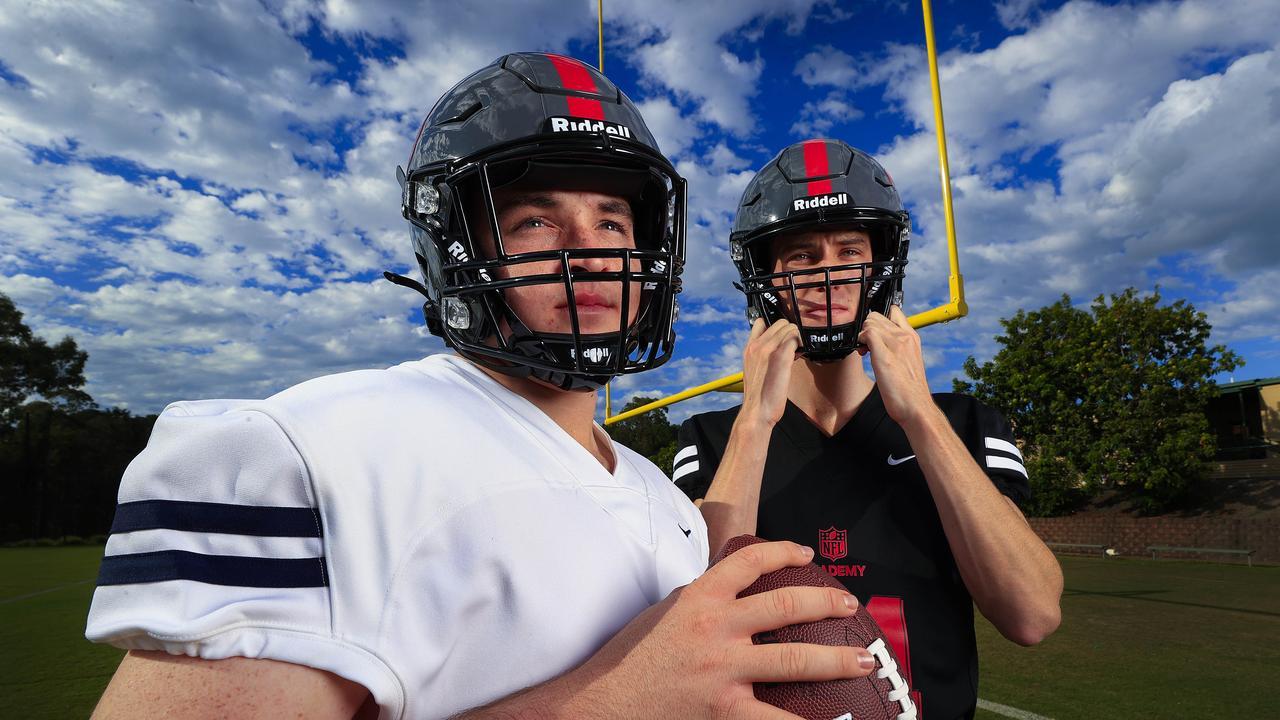 Sam Brookes, 16, and Jahn Komorowski, 16, at the NFL Academy for Asia-Pacific at AB Paterson College on the Gold Coast. Picture: Adam Head