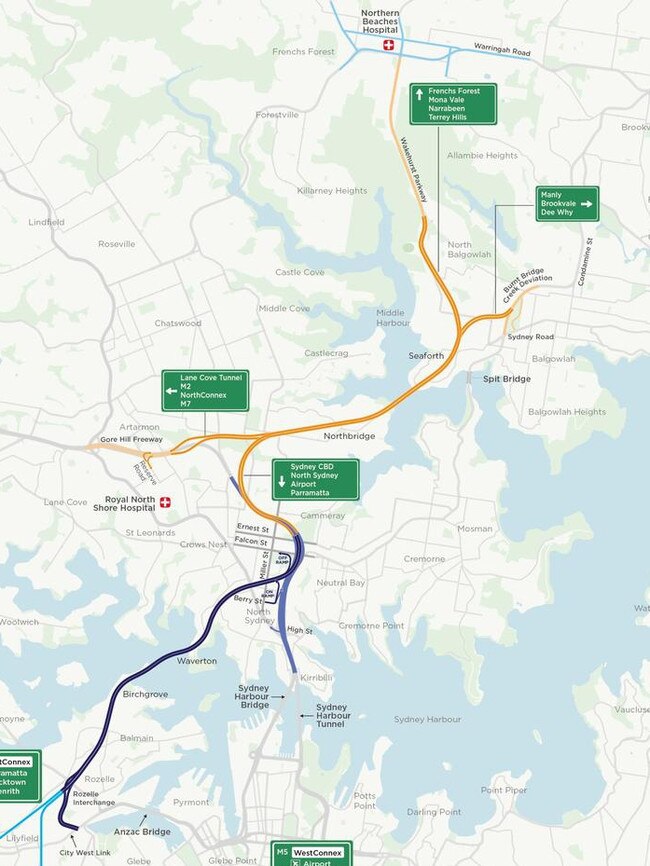 An overview of the Beaches Link project (shown in orange) and the connection to the Western Harbour Tunnel (shown in blue).