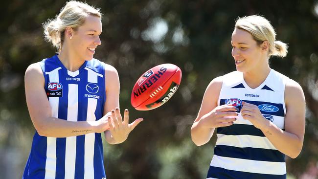 Identical twins Sarah (left) and Gemma Wright will cross paths in Round 6. Picture: Michael Klein