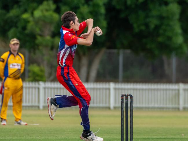 Aidan Beach of Mulgrave bowls during the Mens A grade match against Norths on Saturday. Picture Emily Barker.