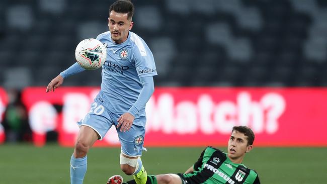 Adrian Luna in action during the A-League Semi Final match between Melbourne City and Western United.