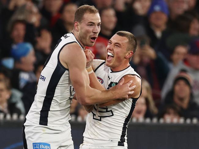 Harry McKay celebrates a 1st quarter goal with Patrick Cripps. Photo by Michael Klein.