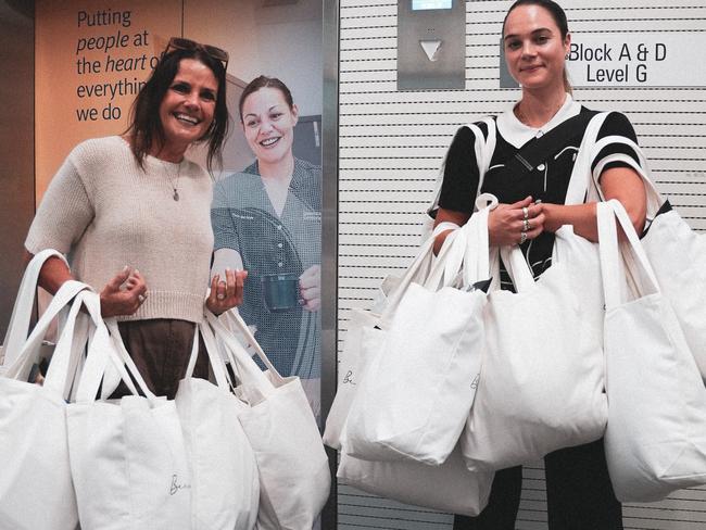 Jaaden’s mum Kathy Abraham and his girlfriend Isabella Elordi delivering care bags at Gold Coast University Hospital provided by the Beautiful Crazy charity set up in his honour.