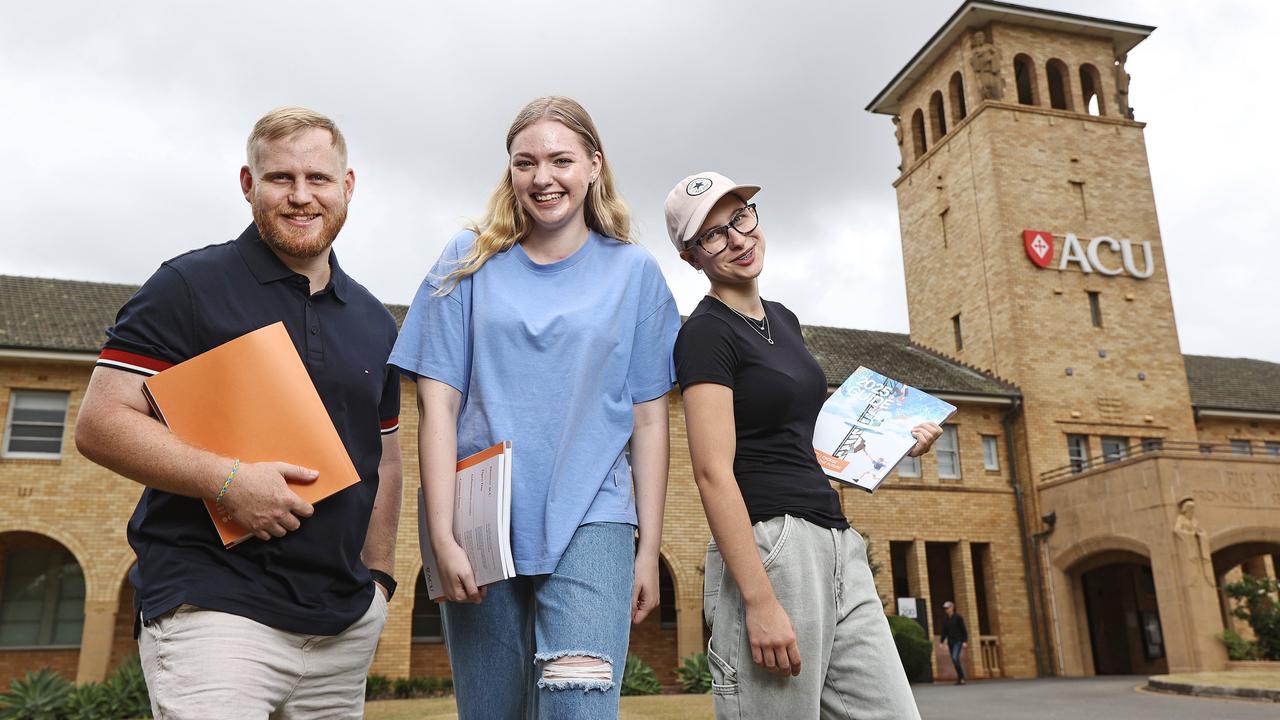 Lachlan Quarmby, 27, Mischa Powell, 18, and Lily McConnell, 17, at Australian Catholic University. Picture: Tara Croser