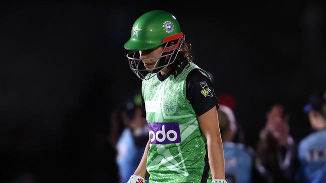 ADELAIDE, AUSTRALIA - OCTOBER 21: Maia Bouchier of the Melbourne Stars out for a duck, Caught Jemma Barsby of ther Strikers and bowled Amanda-Jade Wellington during the WBBL match between Adelaide Strikers and Melbourne Stars at Karen Rolton Oval, on October 21, 2023, in Adelaide, Australia. (Photo by Sarah Reed/Getty Images)