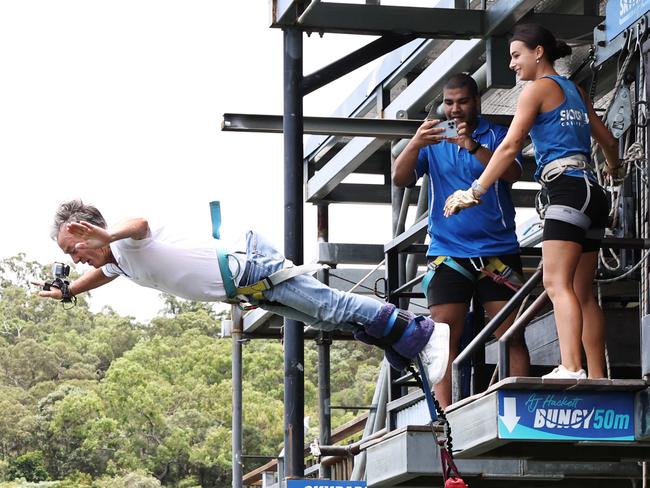 Shai Baller has become AustraliaÃs first female jump master after completing two years of training and supervising over 2000 bungy jumps. Shai Baller instructs the godfather of bungy jumping, AJ Hackett, for her first jump as a jump master at Skypark Cairns. Picture: Brendan Radke