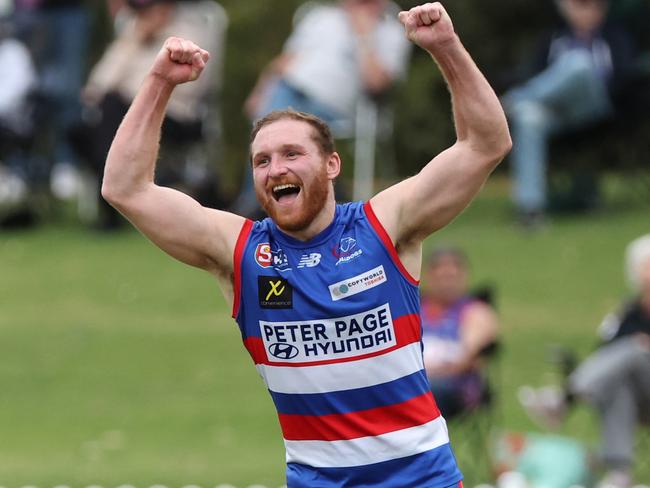 Jarrod Schiller from the Bulldogs reacts after scoring a goal during the Round 19 SANFL match between Central Districts andPort Adelaide at Elizabeth Oval in Adelaide, Saturday, August 24, 2024. (SANFL Image/David Mariuz)