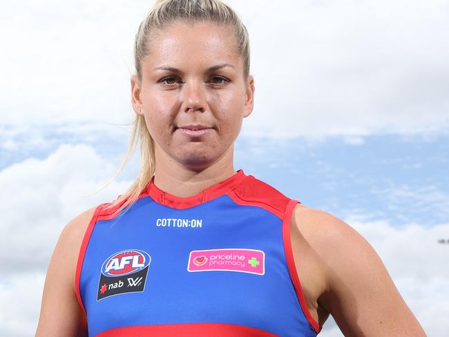 Western Bulldogs captain Katie Brennan at the AFLW season launch and captains gathering in Yarraville Gardens, Melbourne on Tuesday, January 30, 2018. The AFLW competition starts on February 2nd with a game between Carlton and Collingwood. (AAP Image/David Crosling) NO ARCHIVING