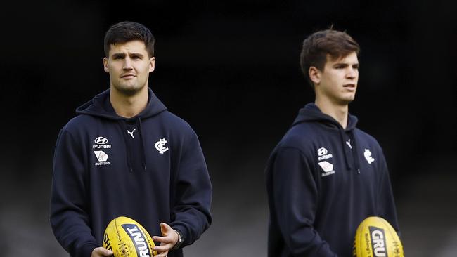 MELBOURNE, AUSTRALIA - JUNE 27: Nic Newman of the Blues and Paddy Dow of the Blues are seen before the 2021 AFL Round 15 match between the Carlton Blues and the Adelaide Crows at Marvel Stadium on June 27, 2021 in Melbourne, Australia. (Photo by Dylan Burns/AFL Photos via Getty Images)