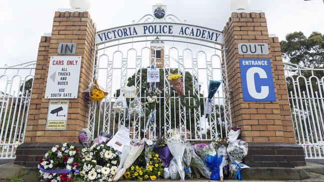 Floral tributes at the Victoria Police Academy.