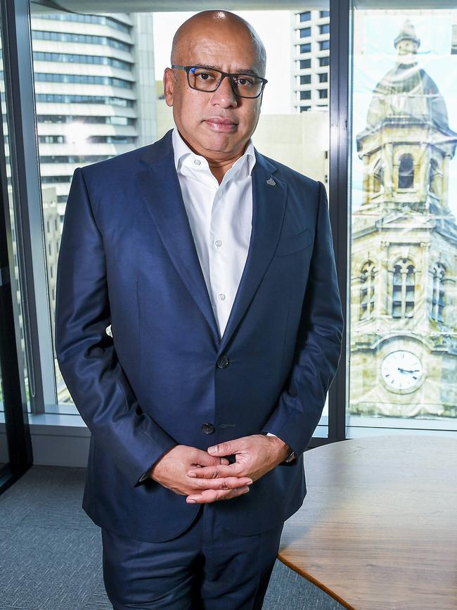 Sanjeev Gupta poses in his city office on the 10th floor of the EY building in Adelaide. Picture Mark Brake