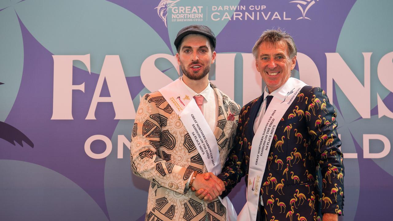 Tomaso Gaetan and Andrew Eddie at the 2024 Darwin Cup Carnival Fashions on Field. Picture: Pema Tamang Pakhrin