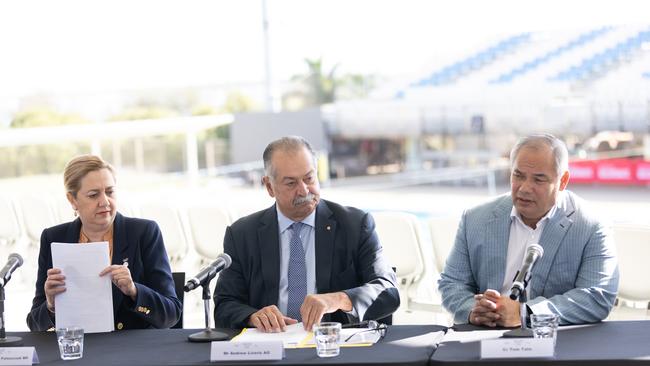 Mr Tate (right) with Queensland Premier Annastacia Palaszczuk and Brisbane Olympics president Andrew Liveris during a meeting earlier this year about the upcoming Brisbane Olympics. Picture: NCA NewsWire / Sarah Marshall