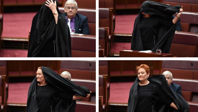 Ta dah! It was Pauline Hanson all along. Picture: AAP Image/Lukas Coch.