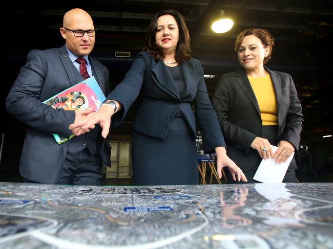 Curtis Pitt, Premier Annastacia Palaszczuk and Jackie Trad reveal the details of Cross River Rail in 2017. Photo: Steve Pohlner