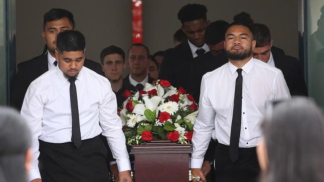 Friends and family at Keith Titmuss’s funeral. Picture: Brett Costello