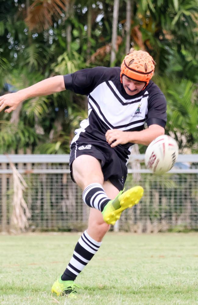 Mickey Luke kicks the ball. All Souls St Gabriel's School host Southern Cross Catholic College in the first game of the 2024 Townsville Blackhawks Schoolboy Trophy. Picture: All Souls St Gabriel's School