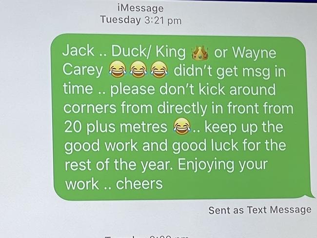 The text from Wayne Carey pleading with Jack Ginnivan to put the kick away.