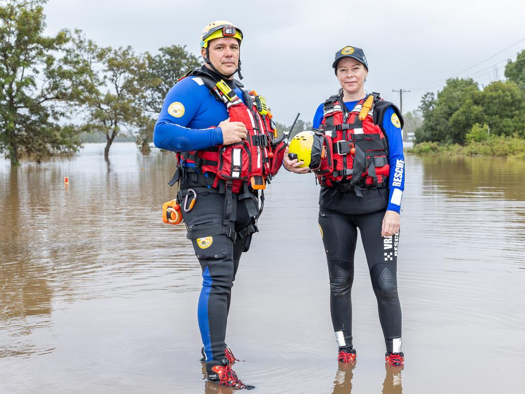 Floods Volunteers Rachel Jones and Carlos Quinteros from VRA rescue have been working all night rescuing residents from their flooded homes in Taree .Picture Thomas Lisson