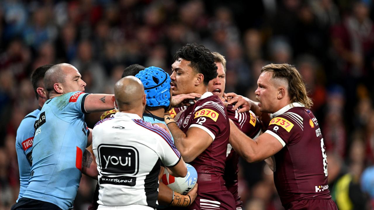 A bit of Origin biff. Picture: NRL Photos