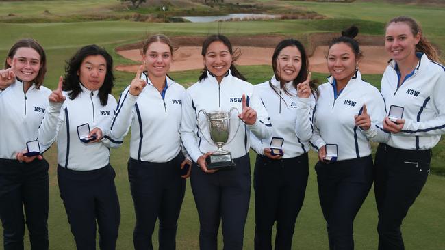 The winning NSW Women’s golf team, from left: Darcy Habgood, Sophie Yip, Stephanie Kyriacou, Amy Chu (captain), Claudia Lim (manager), Doey Choi and Kelsey Bennett