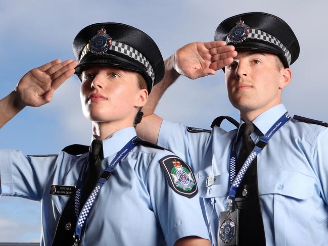 Constable BÃElanna Denais and Constable Scott Miller, QPS recruit induction, Police Academy, Oxley. Picture: Liam Kidston