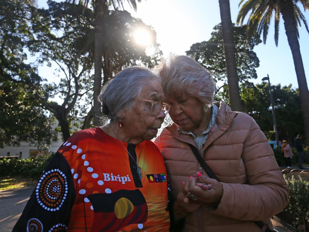 First Nations Leader and Biripi Elder, Ali Golding, is embraced during the Coloured Digger Anzac Day service in Redfern, Sydney, honouring Aboriginal and Torres Strait Islander military service during WWI. Picture: Lisa Maree Williams/Getty Images