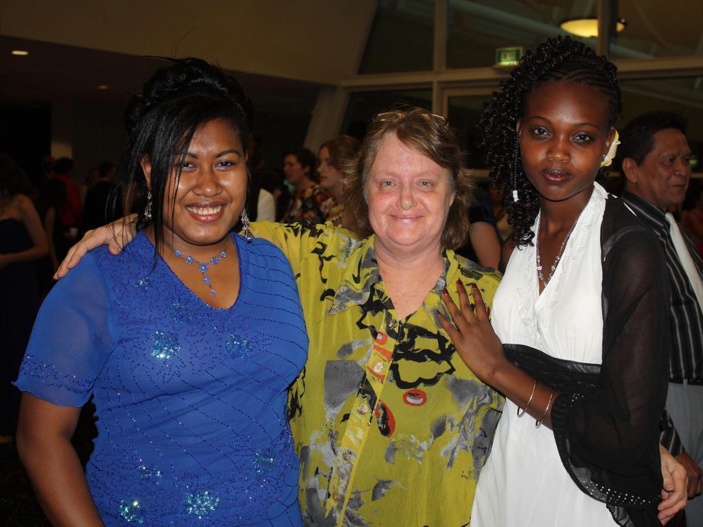 Magrette Micheal, Belinda Harding (teacher) and Asha Sheke at the 2012 Centralian Senior College formal at the Alice Springs Convention Centre. Picture: NT NEWS