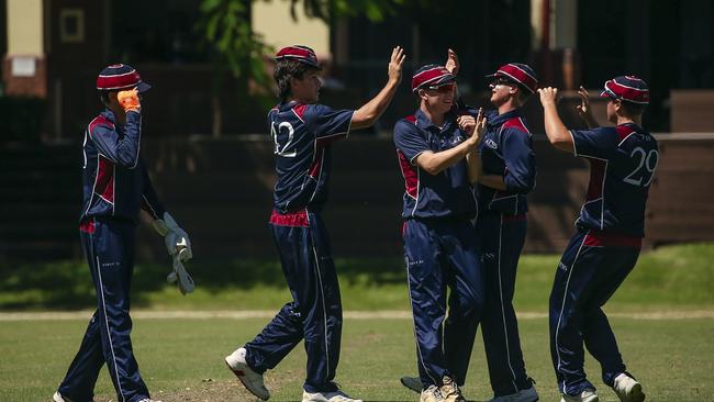 TSS First 11 celebrate the opening wicket from quick Ellis McCarthy of BSHÃ•s Adam Eastgate as the Southport School v Brisbane State High School at The Southport School/Village Green. Picture: Glenn Campbell