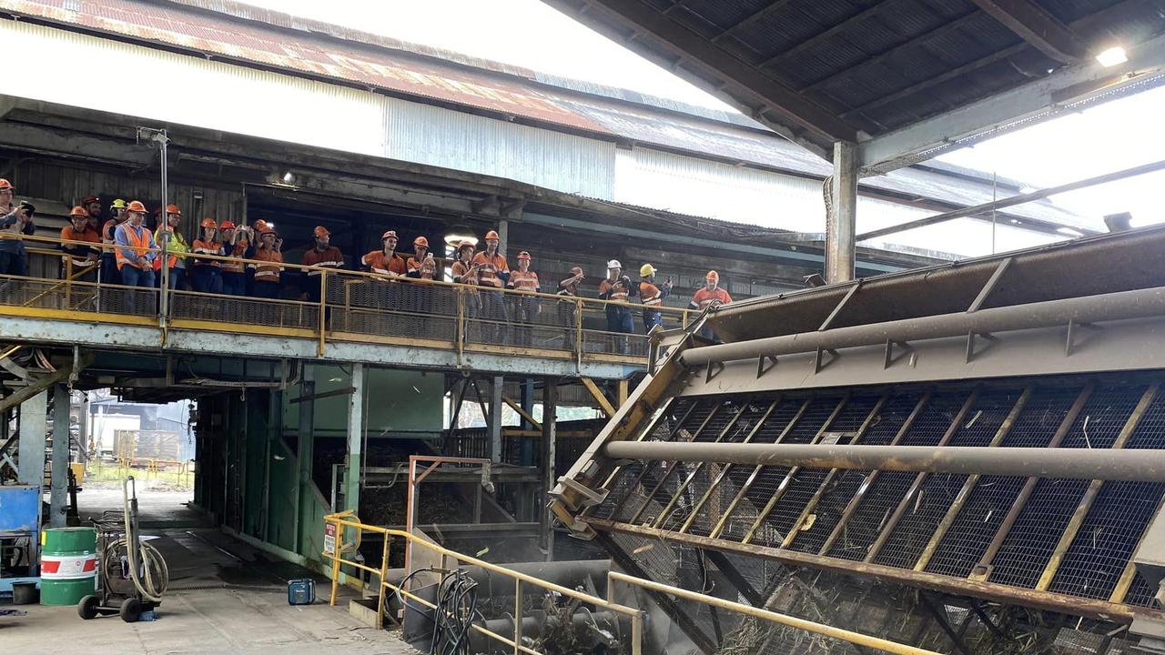 The final bin to be crushed at the at Mossman Mill in 2023. Picture: Far North Milling