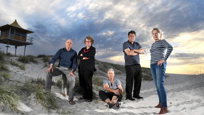 Peter McGregor, Kay Ronai, Sandra Dann, Warwick Norman, Maggie Gordon at Semaphore Beach. Picture: Tricia Watkinson