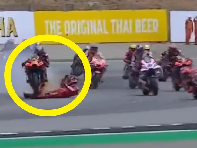 Francesco Bagnaia has his leg run over in a nasty crash.