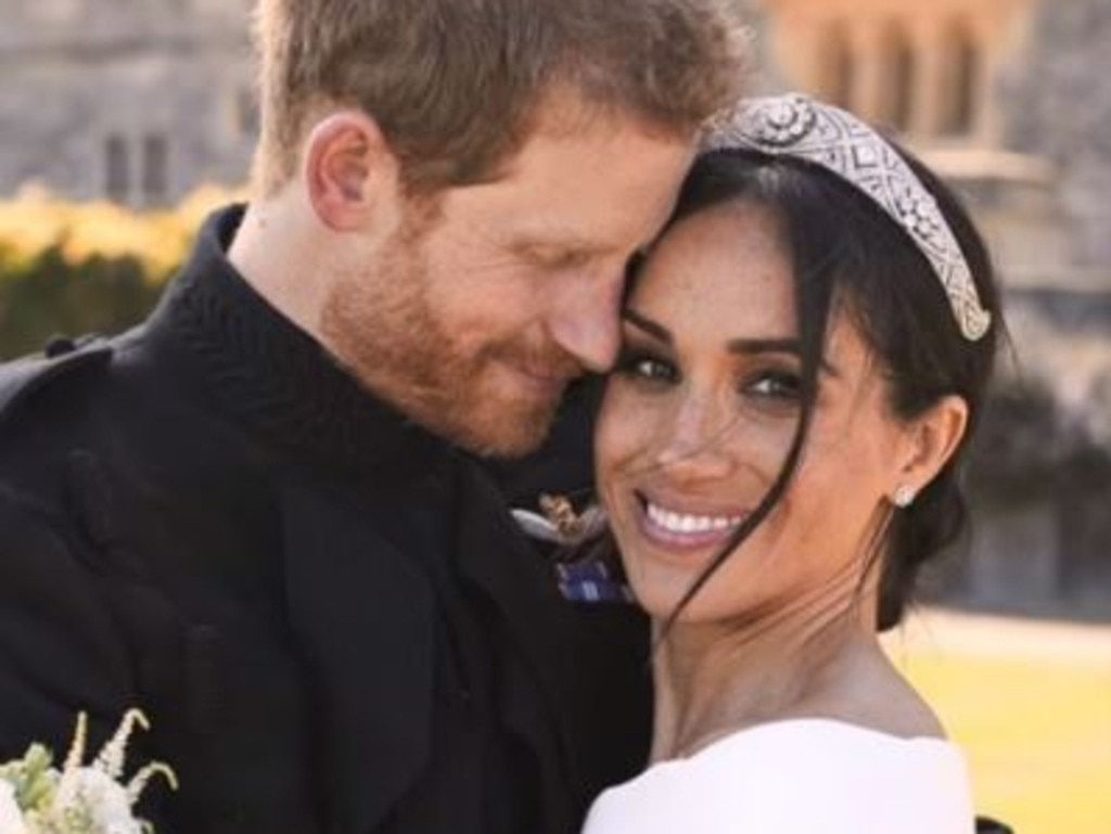 Prince Harry and Meghan Markle on their wedding day — before he decided to ditch the royals and go rogue and write about his penis. Picture: Netflix