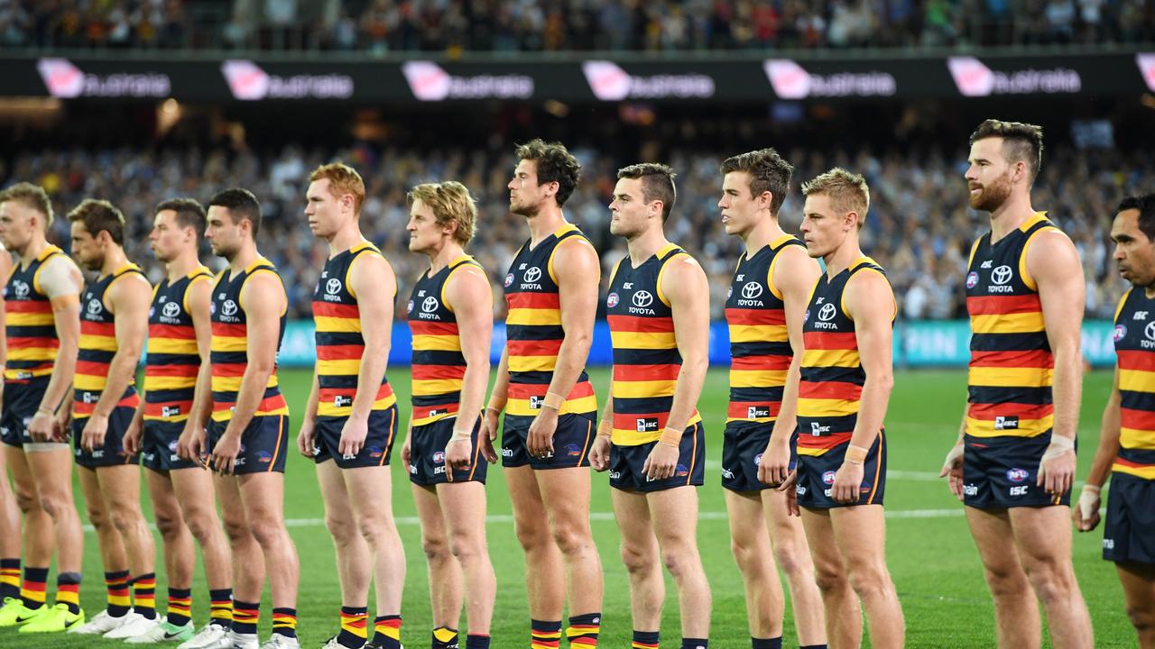 The Crows line up for the national anthem during the 2017 AFL finals series.