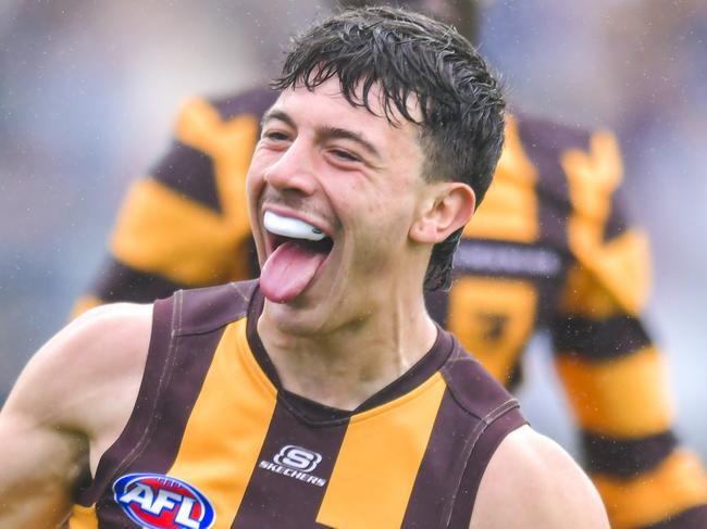 LAUNCESTON, AUSTRALIA - AUGUST 24: Massimo D'Ambrosio of the Hawks celebrates a goal during the round 24 AFL match between Hawthorn Hawks and North Melbourne Kangaroos at University of Tasmania Stadium, on August 24, 2024, in Launceston, Australia. (Photo by Simon Sturzaker/AFL Photos/via Getty Images)