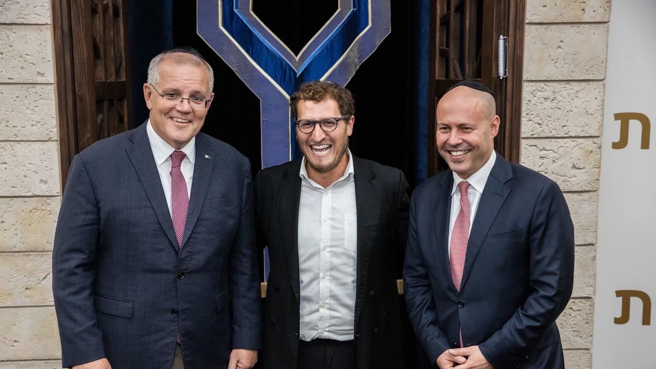 Mr Morrison with Mr Frydenberg at a Passover Service at the Ark Centre Synagogue. Picture: Jason Edward