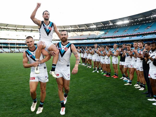 Boak was chaired off after his 350th game. Picture: Michael Willson/AFL Photos