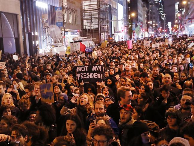 Thousands of anti-Donald Trump protesters shut down 5th Avenue in front of Trump Tower as New Yorkers react to the election of Trump as president of the United States on November 9, 2016 in New York City. Picture: AFP