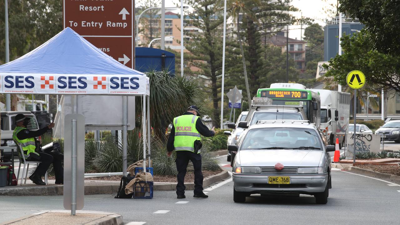 The hard border and long Queues return to the Qld NSW border on the Gold Coast. People getting the thumbs up or turned away in Griffith St Coolangatta. Picture: Glenn Hampson.