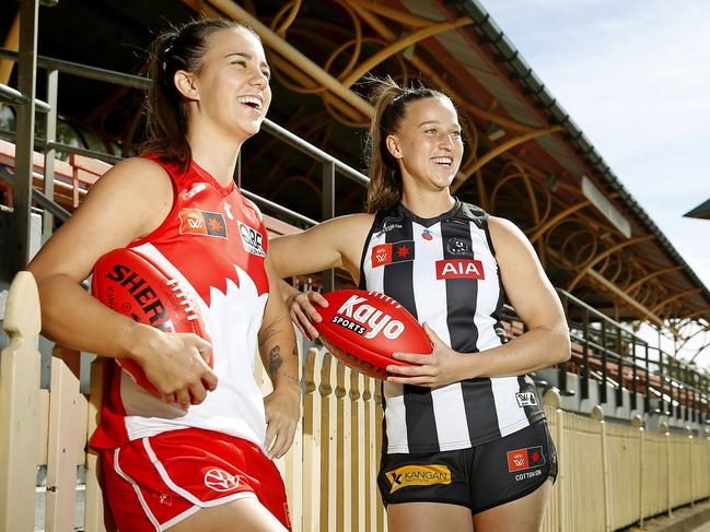 L to R: Chloe Molloy from the Sydney Swans and Ruby Schleicher from the Collingwood Magpies at North Sydney Oval ahead of this  weeks' AFLW Season opener at North Sydney Oval featuring Sydney Swans v Collingwood Magpies. Picture: John Appleyard .