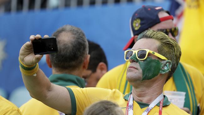 At least the Socceroos’ fans don’t seem too nervous in the moments before kick-off at the Fisht Stadium in Sochi. Photo: AP