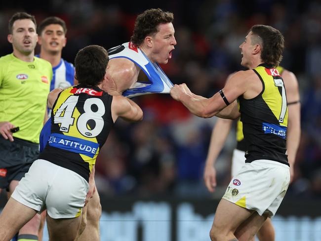 Liam Baker and Nick Larkey on Saturday afternoon. Picture: Daniel Pockett/Getty Images