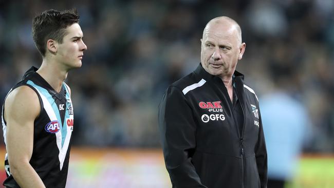 Port Adelaide coach Ken Hinkley with his young gun Connor Rozee. Picture: SARAH REED