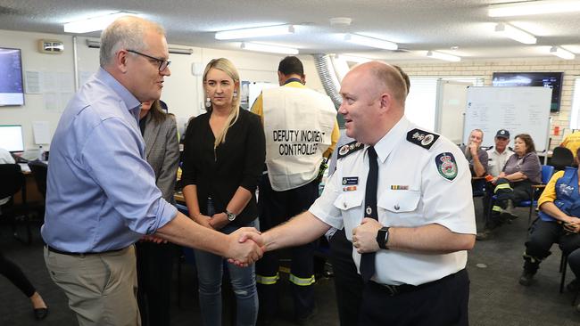 Prime Minister Scott Morrison visits the NSW Rural Fire Service command centre at Wilberforce on the Hawkesbury. Picture: Adam Taylor