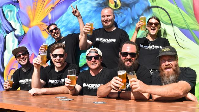 The Blackflag Brewing crew at the grand opening of their Coolum Beach brewery. Front row: Ross Holloway, Clint Hagerty, Steven Barber, John Coumessos, Ben Baker. Back row: Greg Pieris, Connor Aldridge and Nicola Cosmann. Picture: Sam Turner