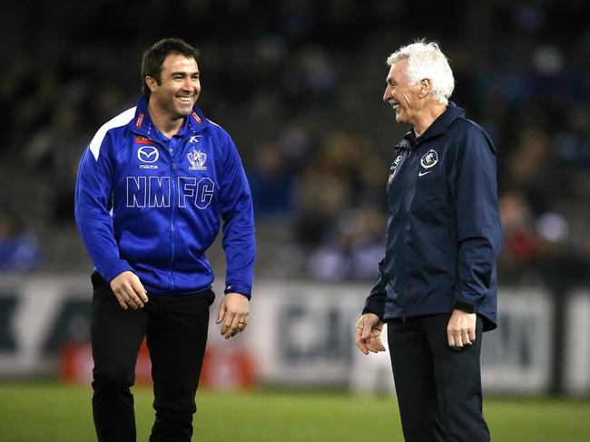 North Melbourne coach Brad Scott and Carlton coach Mick Malthouse shouldn’t have too many reasons to whinge about the 2015 fixture. Picture: Wayne Ludbey