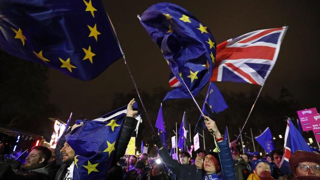 Anti-Brexit demonstrators protested outside parliament during the vote. Picture: AP/Frank Augstein