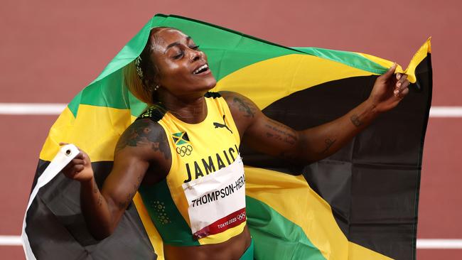 Elaine Thompson-Herah after winning gold in the 100m. Picture: Getty Images