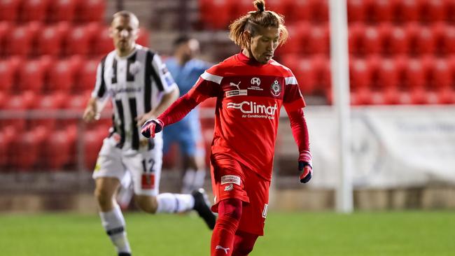 Campbelltown City’s Yohei Matsumoto, who was named man of the match, with the ball during the men’s Premier League soccer grand final. Picture: Adam Butler.